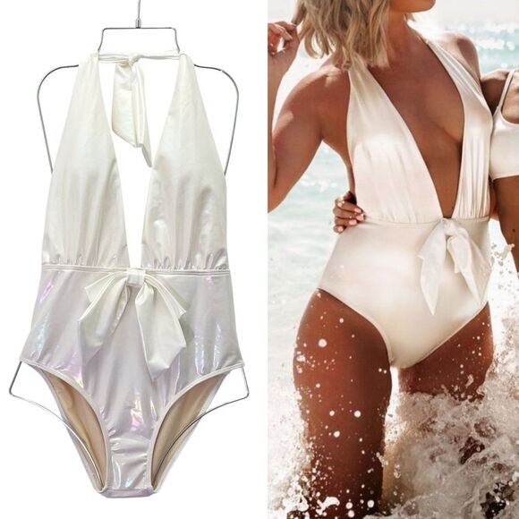 NWT Beach Joy White Metallic Plunge One Piece Swimsuit Size Medium Bridal Bow - Picture 16 of 16